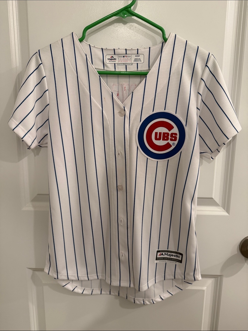 Majestic White Pinstripe Cubs Youth Baseball Jersey with Blue and Red Logo